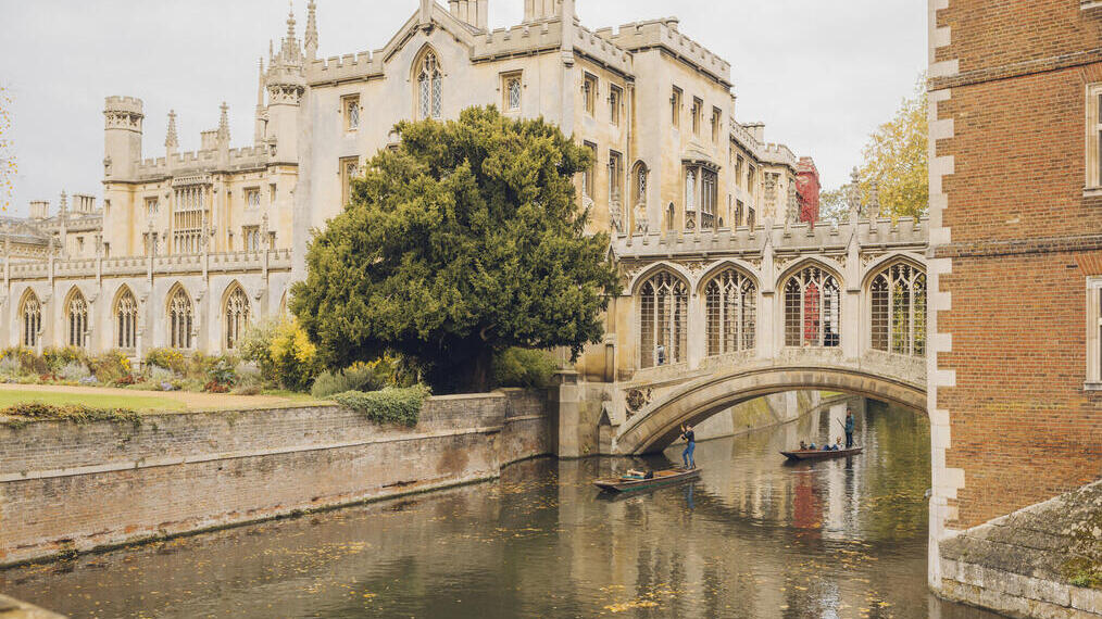People punting on the river under a bridge in front of an historical building