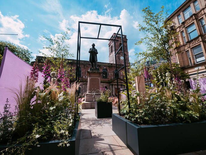 Flower displays set up in Manchester's city centre for the Manchester Flower Festival