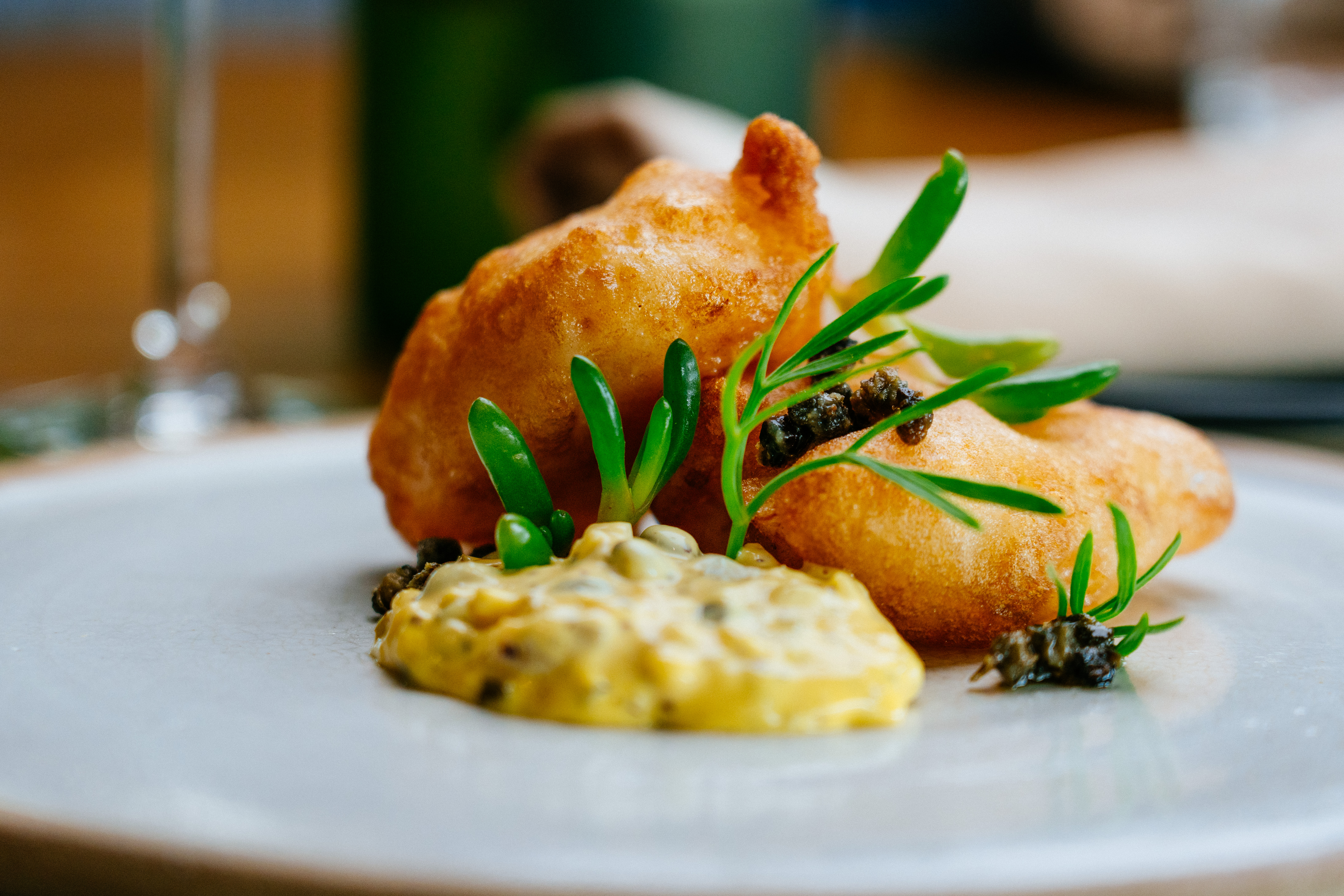 Gourmet plated food at an organic fine dining restaurant.