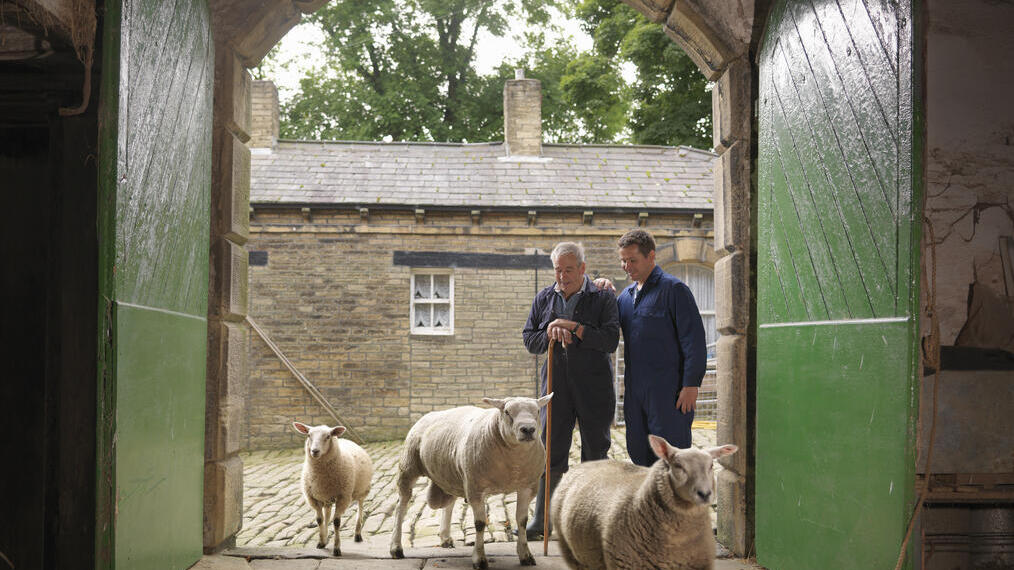 Two men in overalls bringing sheep into a barn