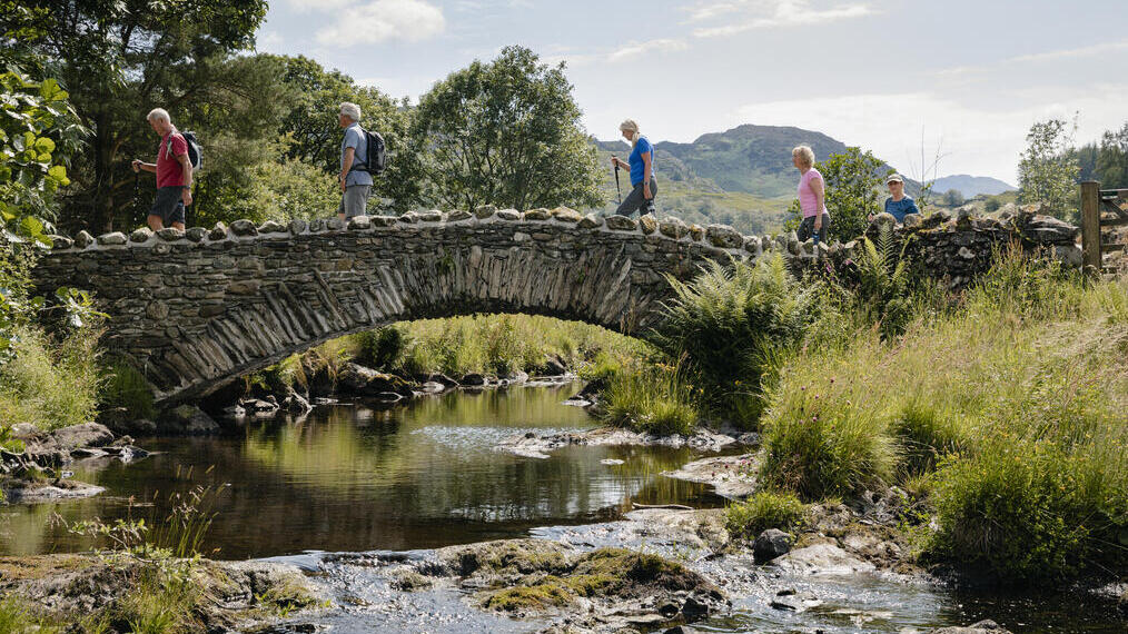 Group of friends crossing bridge over a running stream.