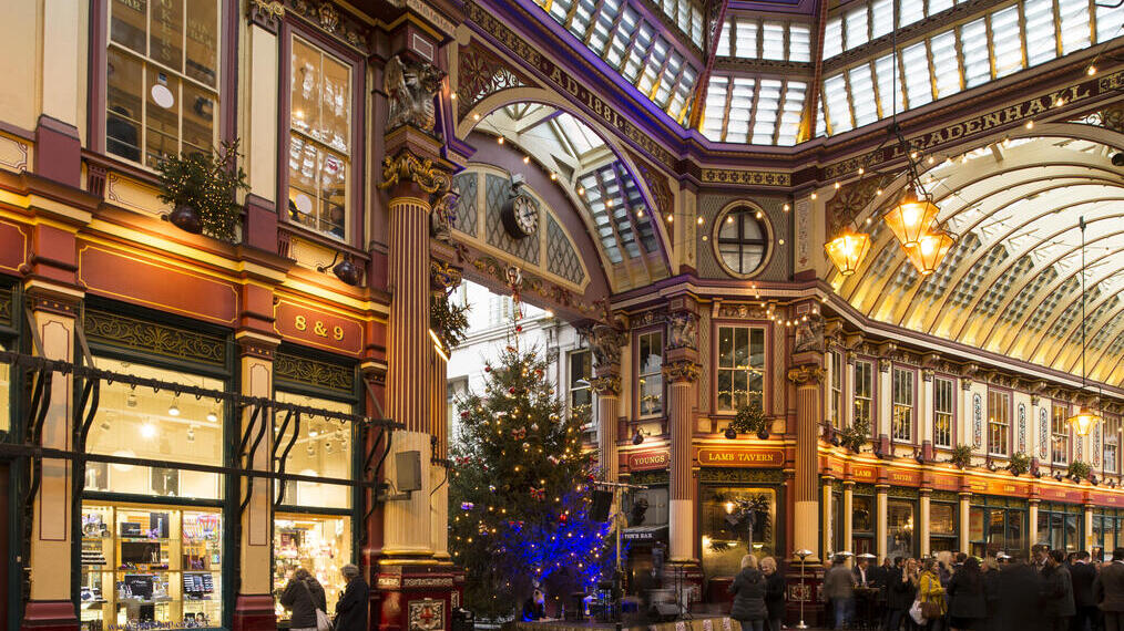 Interior view of Leadenhall Market with Christmas Tree in background