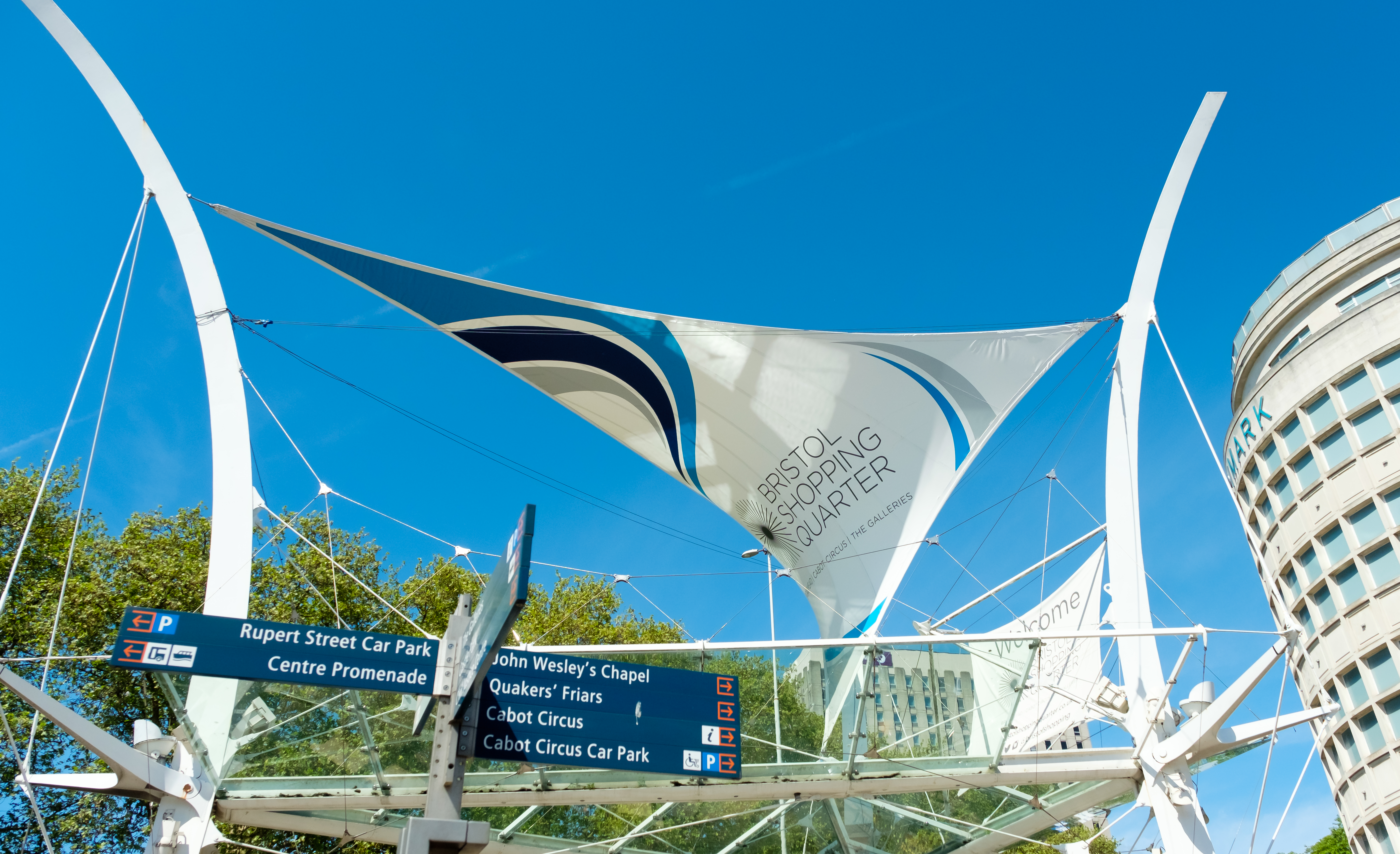A flag on display above the Bristol Shopping Quarter