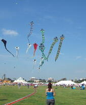Des gens faisant voler des cerfs-volants colorés dans un ciel bleu