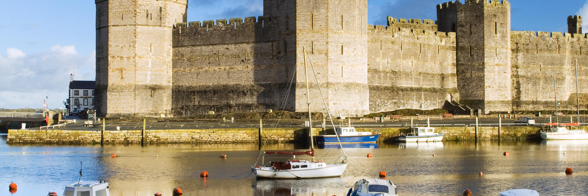 Rowing boats on the water in front of a large castle