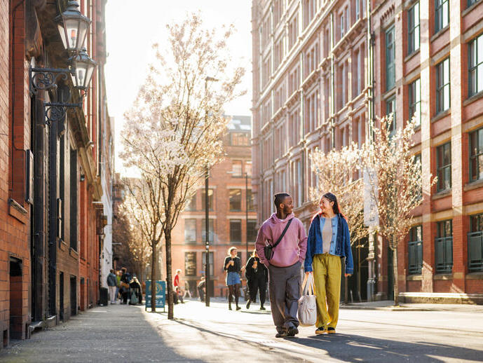 People walk along a sunny city street lined with brick buildings and blossoming trees in an urban setting.