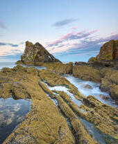 A distinctive rock formation stretching out across the coast.