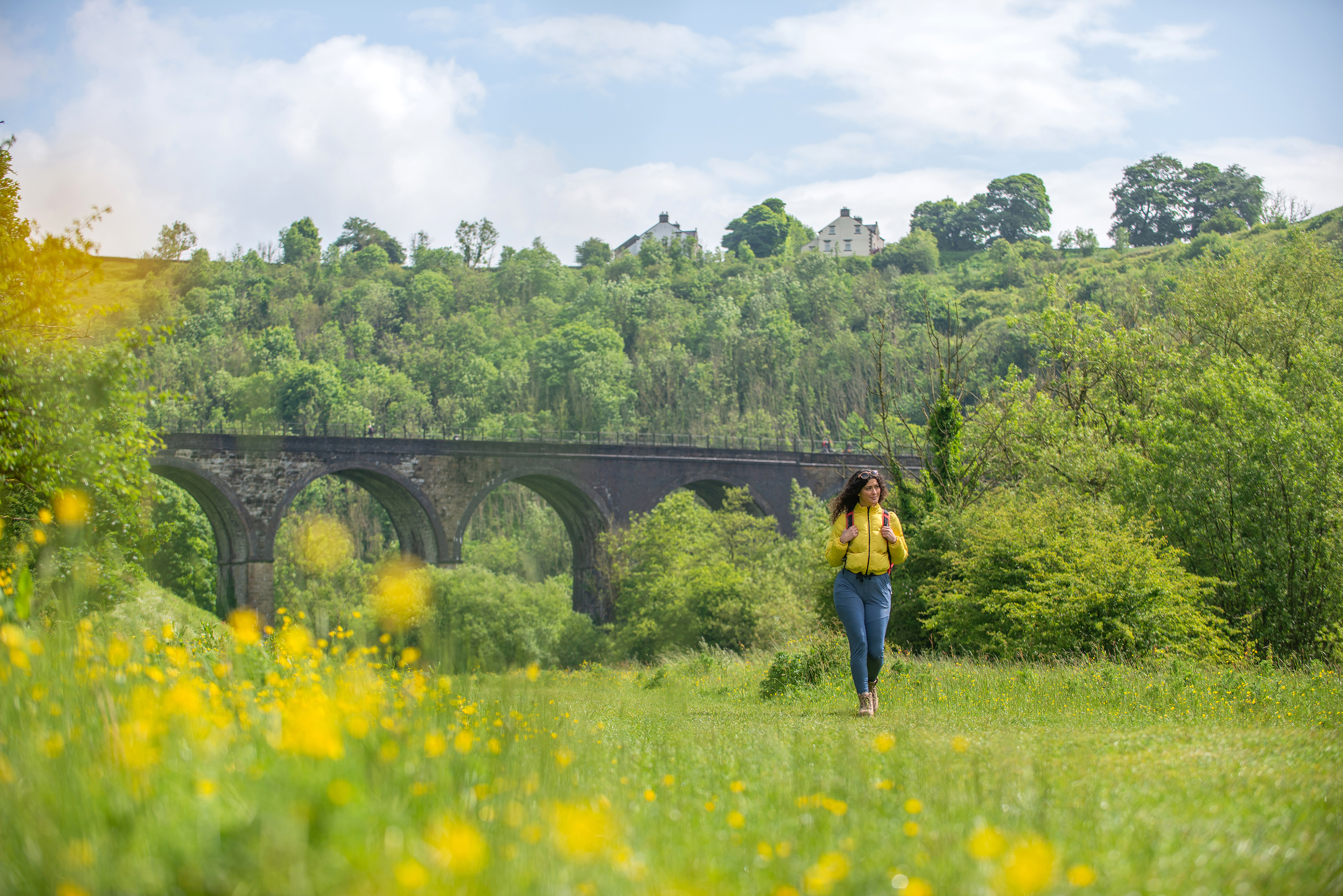 A woman walks in a field in front of a viaduct