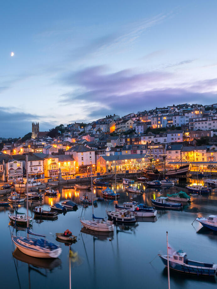 A beautiful evening dusk view over a quaint English village and harbour