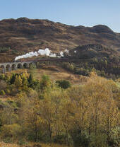 Un train à vapeur sur le viaduc de Glenfinnan, un viaduc historique qui enjambe la vallée de Glenfinnan.