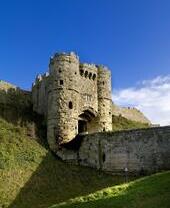 Historic castle gatehouse and moat