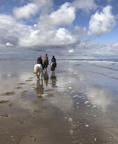 Trois personnes montant des poneys le long d'une plage
