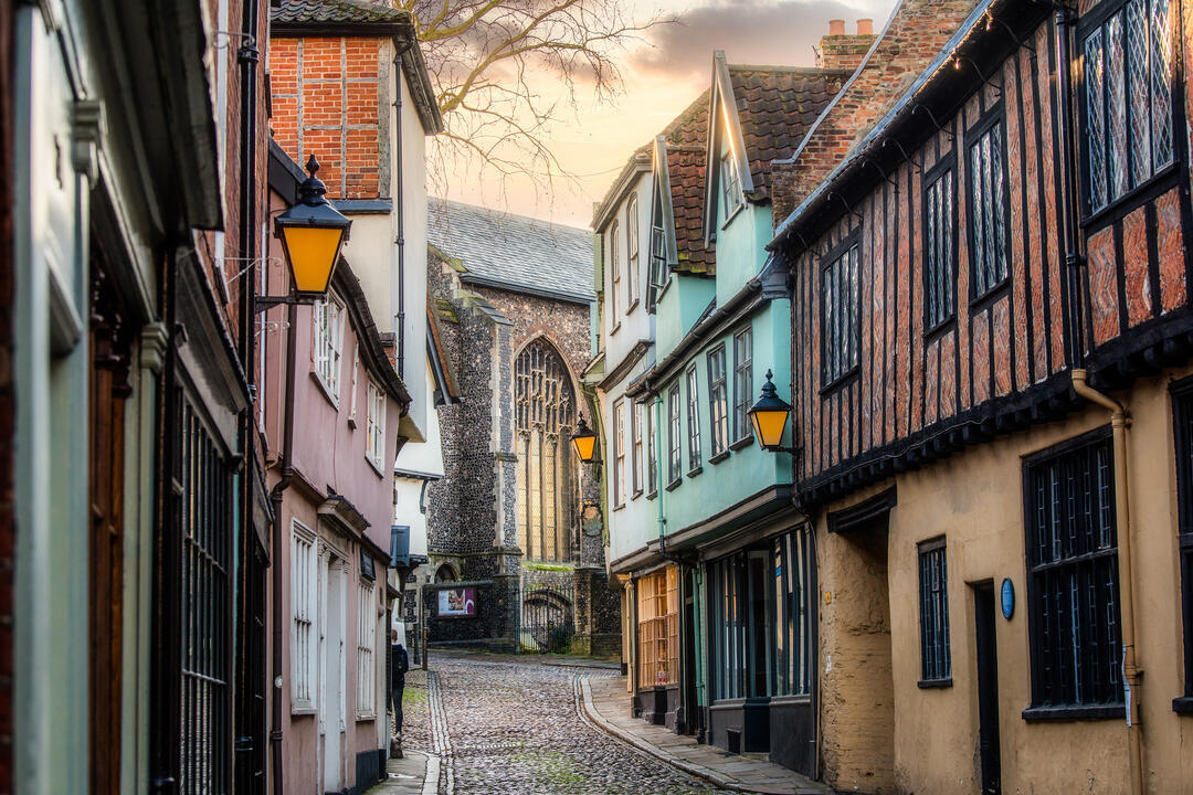 An uphill look of Elm Hill in Norwich