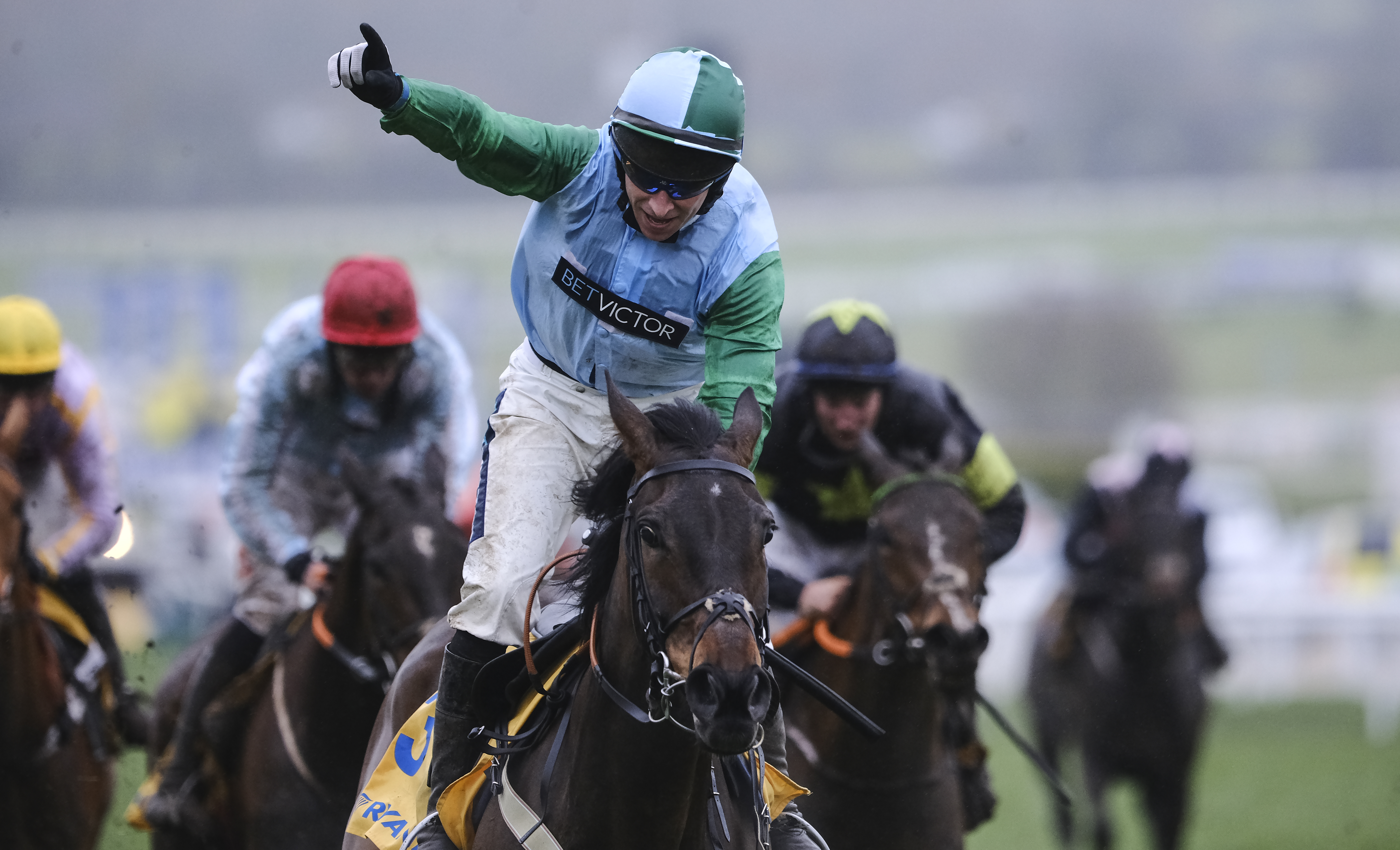Horses with jockeys competing at horse race
