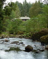 A long distance shot of a river and a holiday cottage surrounded by trees