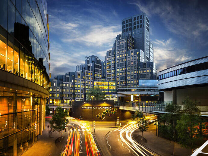 Tall buildings with bright lights in long exposure