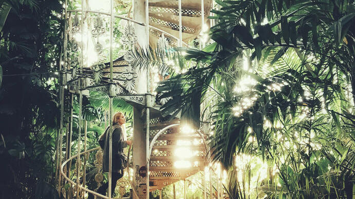 Femme montant l'escalier d'une grande serre remplie de plantes