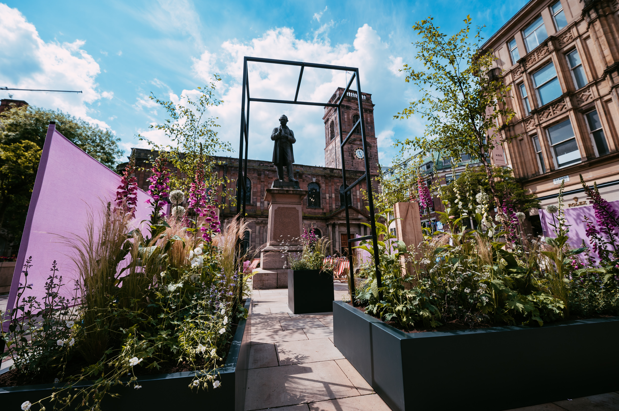 Flower displays set up in Manchester's city centre for the Manchester Flower Festival