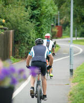 Cyclists on a path going through a park