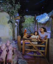 Escena interior con figuras de cerdos y personas observándolas en un espacio de entretenimiento.