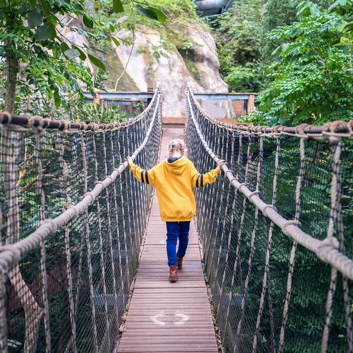 Chica cruzando un puente en el Eden Project