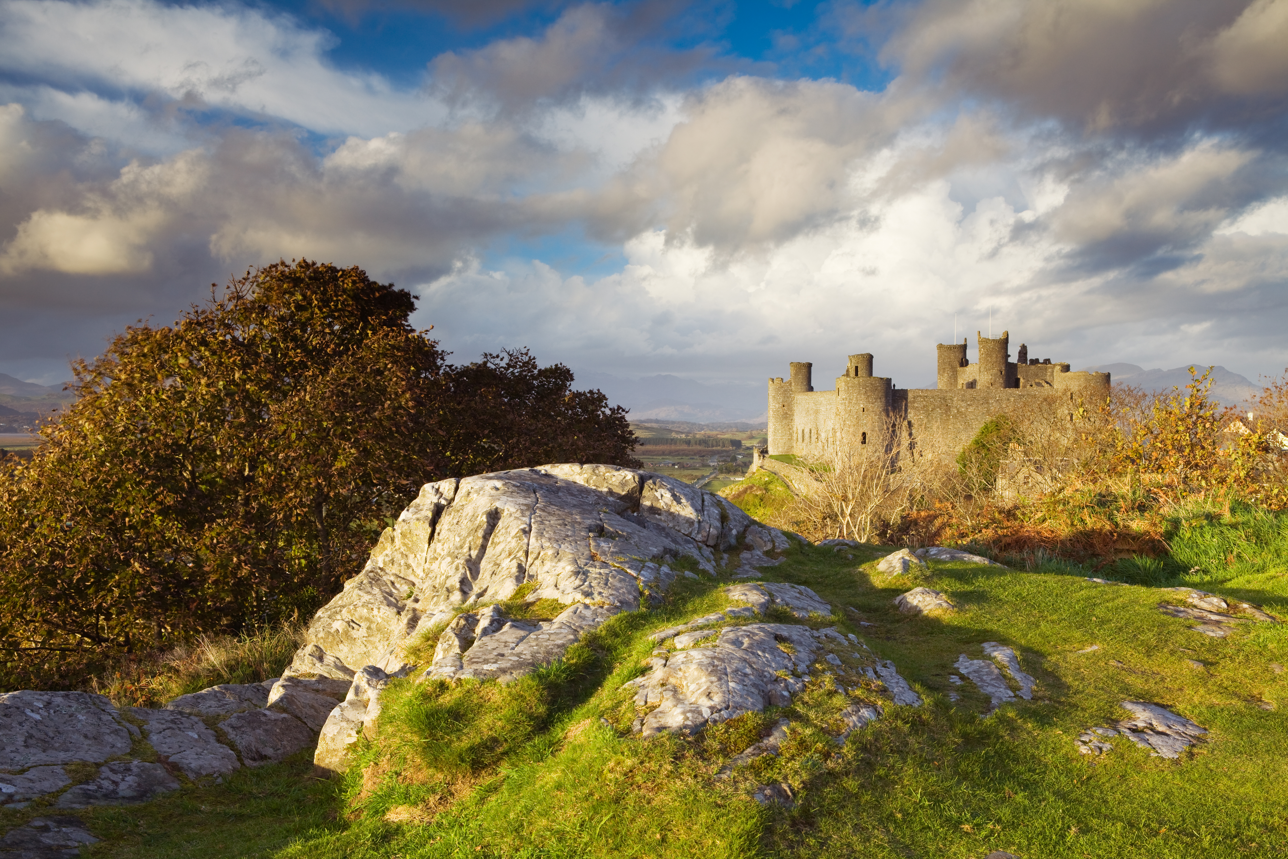 A castle standing on a grassy hilltop with surrounding blue skies and clouds.