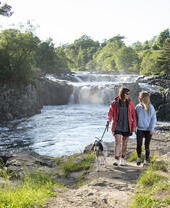 Two women and a dog walk a path beside a waterfall