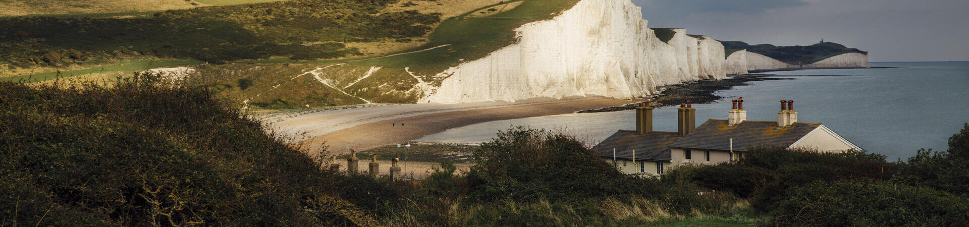 Cottages on the coast with sea and white cliffs in the background
