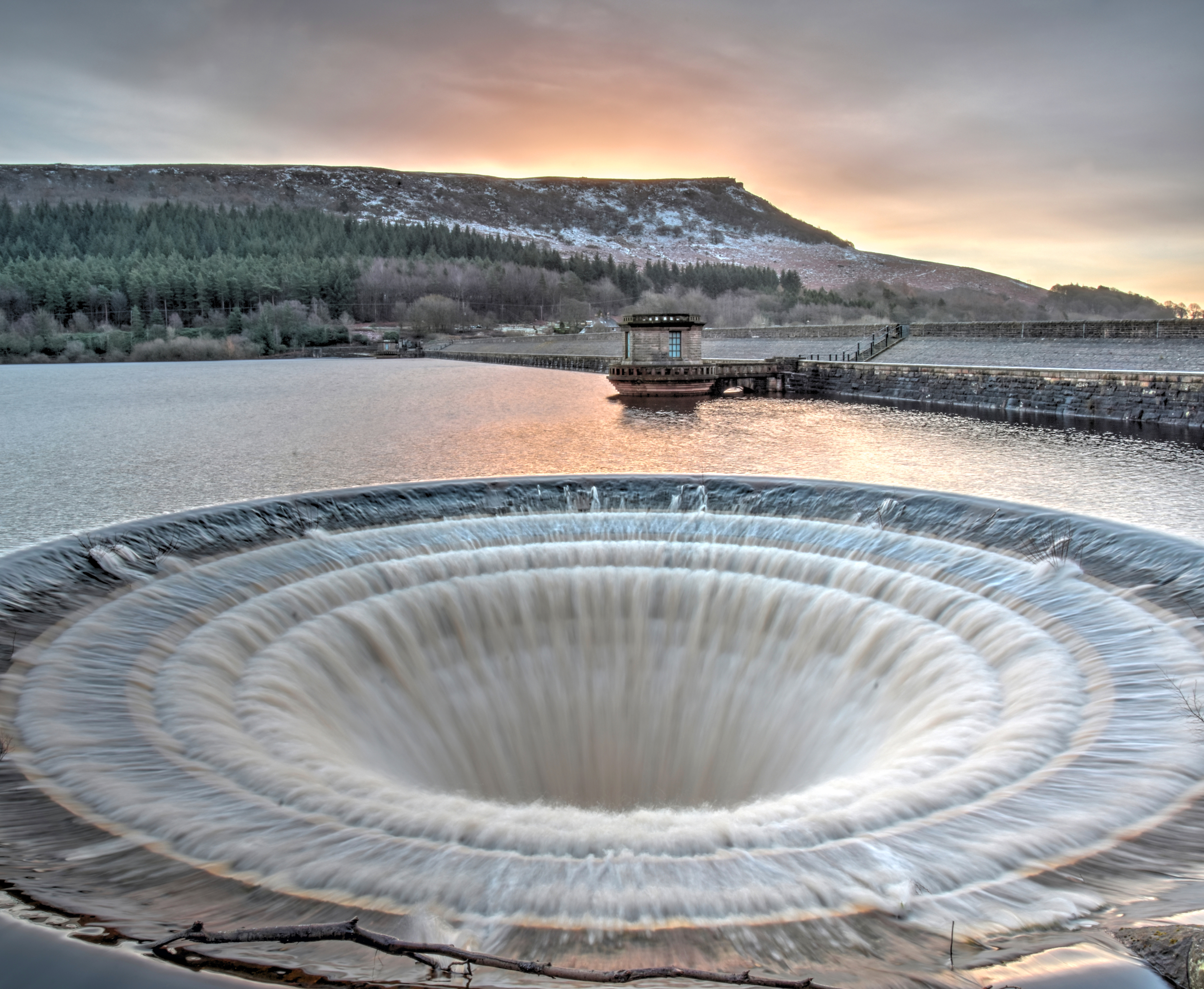Looking across a large reservoir and it's central plug hole.
