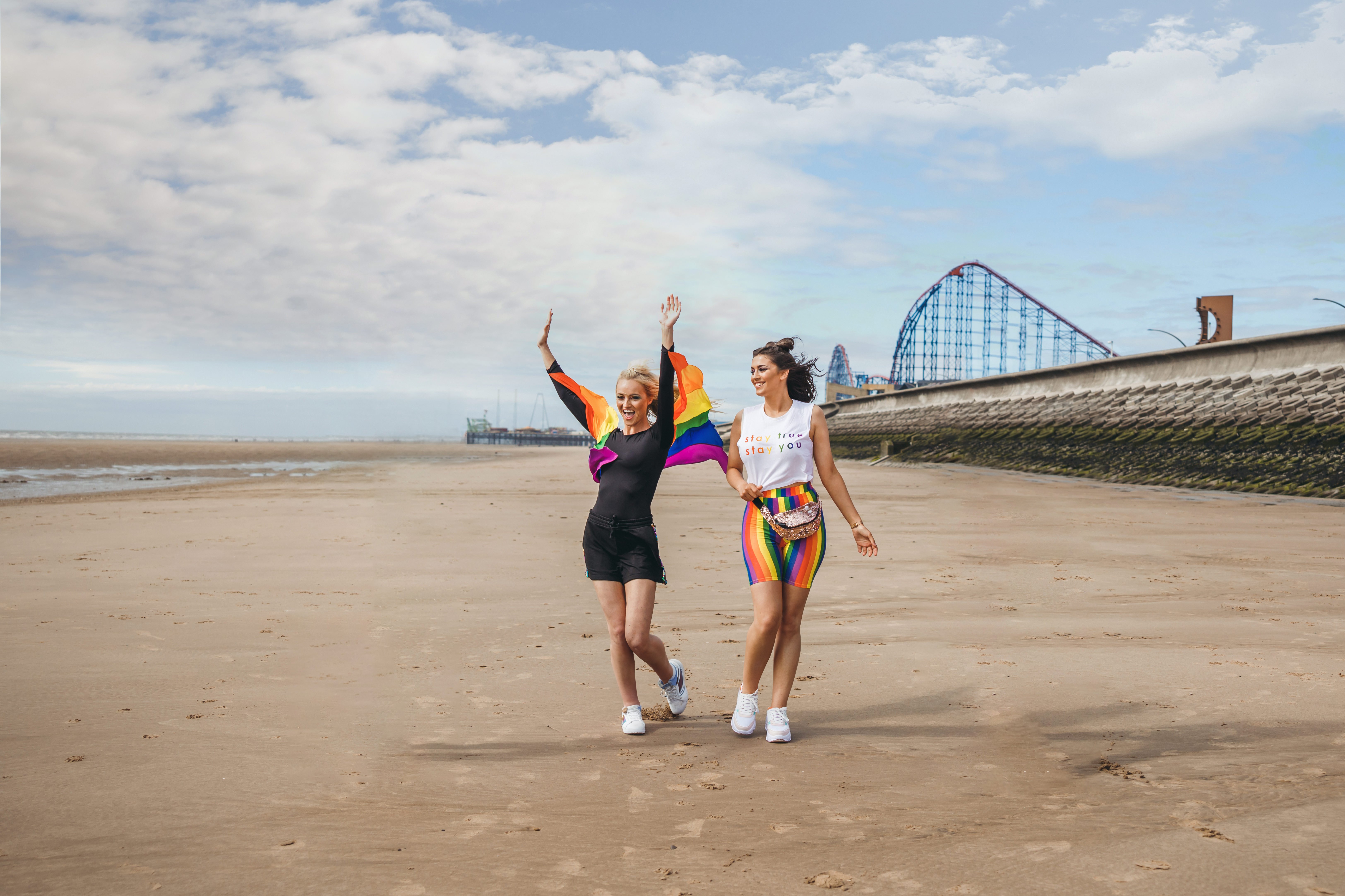 Two women having fun on Blackpool beach