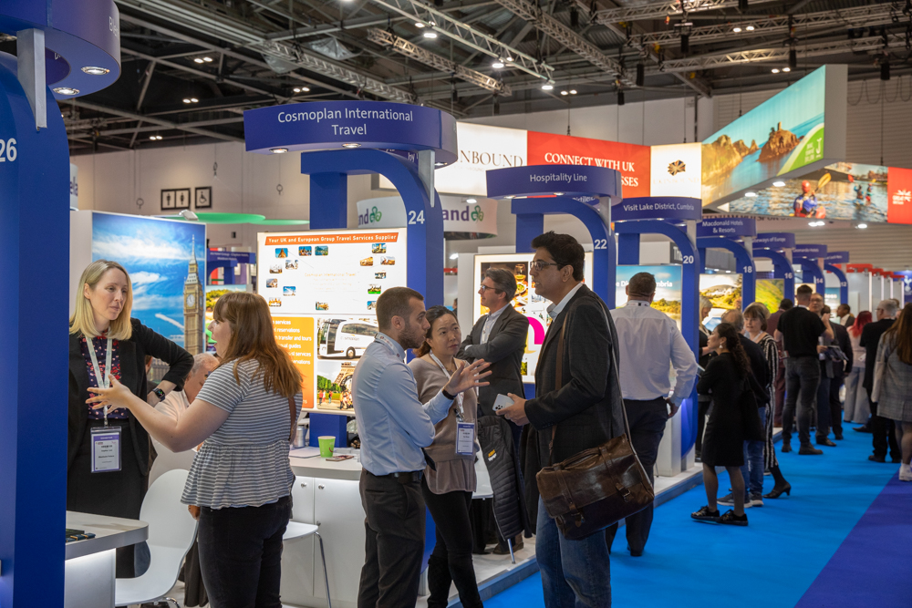Visitors on the show floor of World Travel Market 2022 in London's Excel