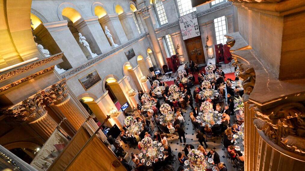 High angle view of people dining inside an historic palace