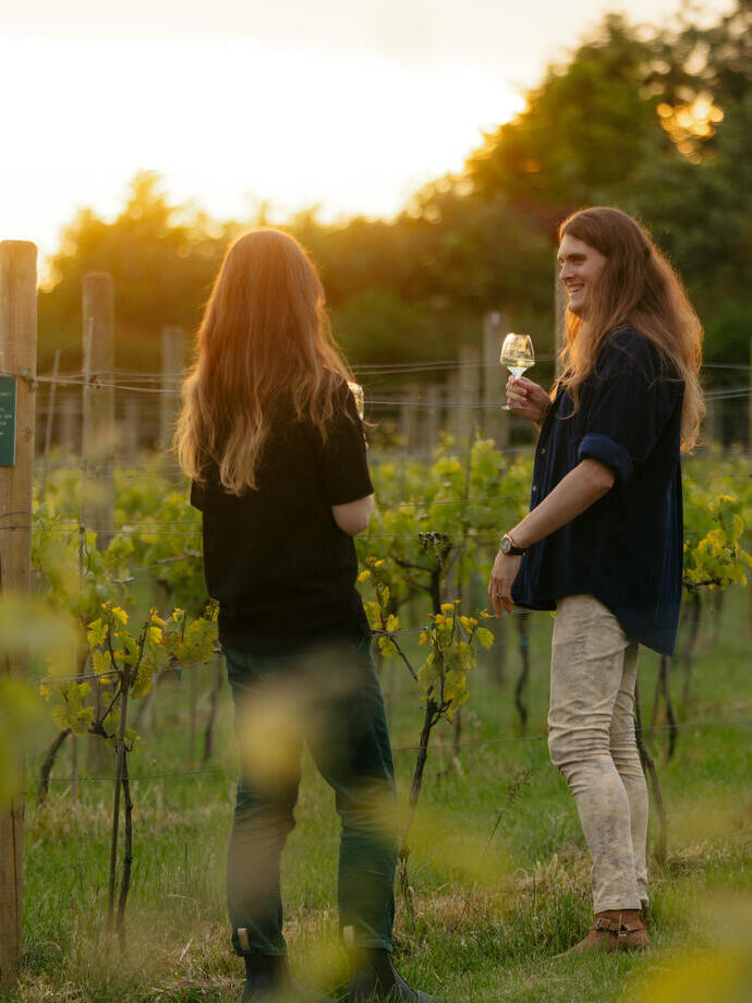 A man and a woman stand among vines with wine glasses