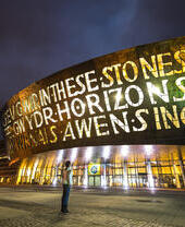 Person looking up at the front of a bronze building at night