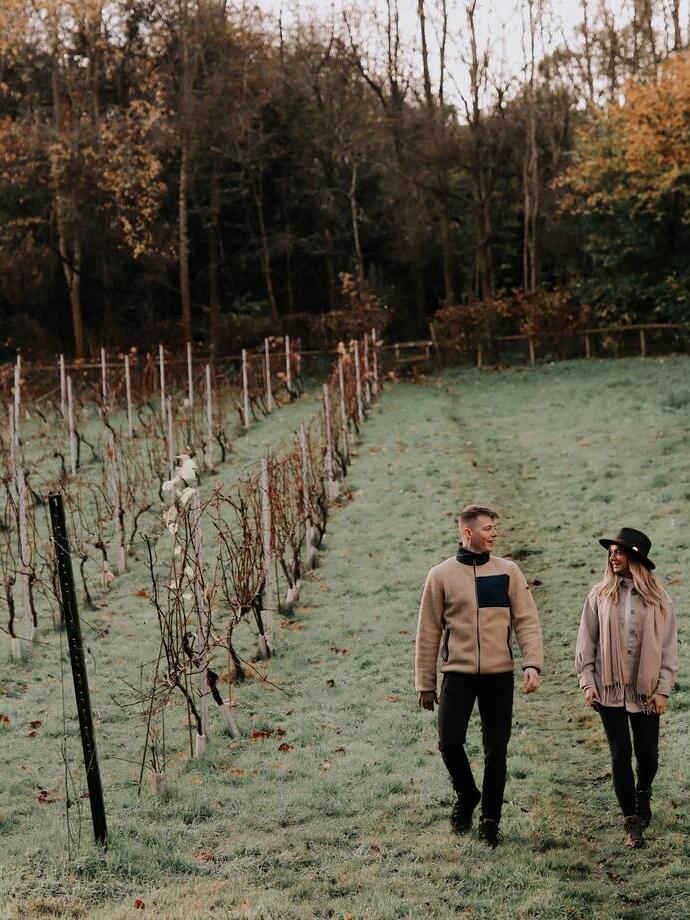 A man and woman walking in a vineyard