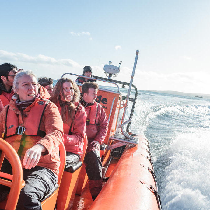 Group of people on an inflatable motorboat at sea