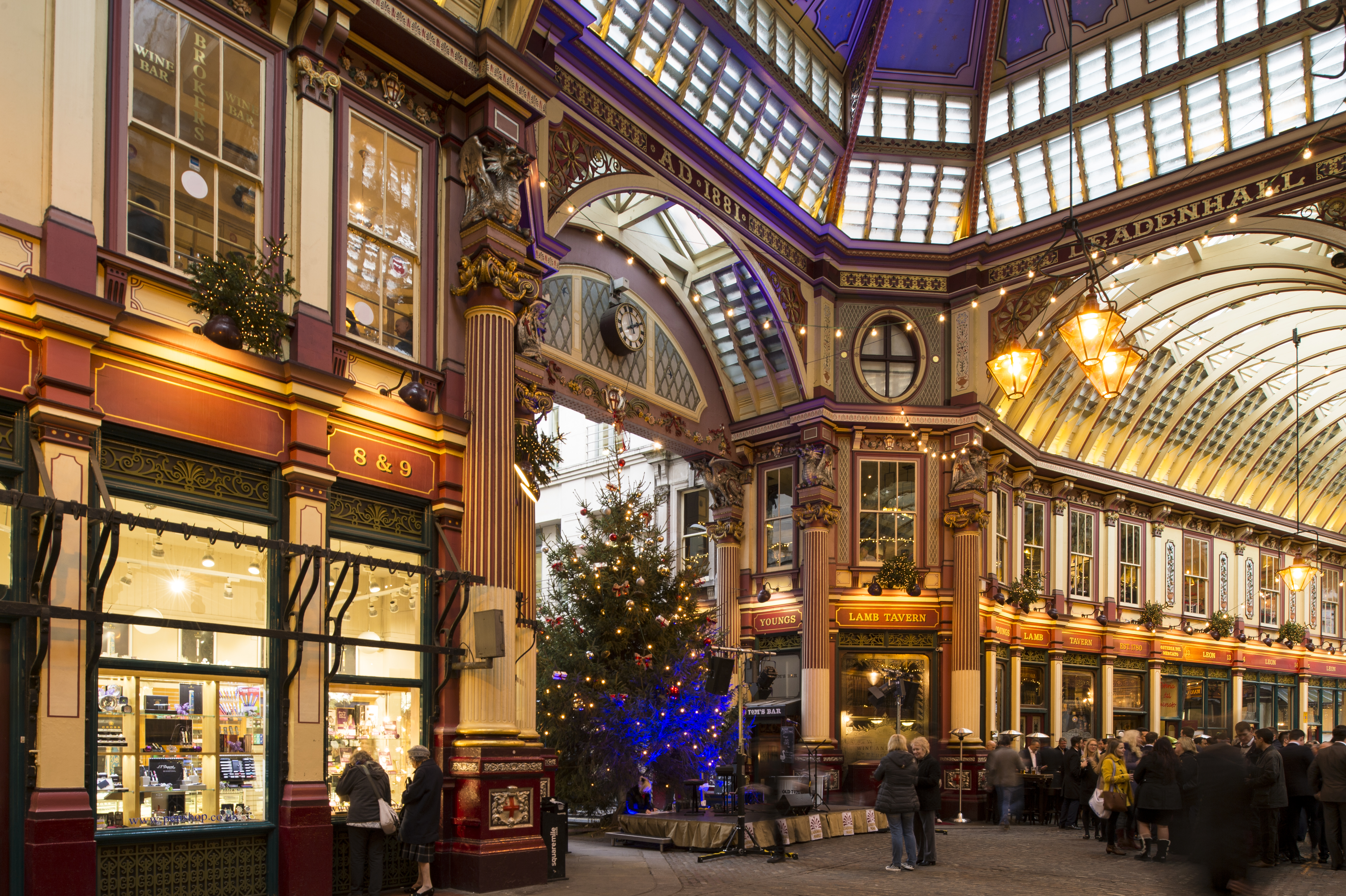 Interior view of Leadenhall Market with Christmas Tree in background