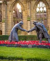 Statue called Christmas truce by Andy Edwards at St Luke's Church, Liverpool
