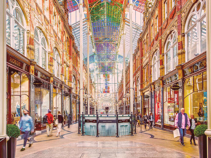 A view down a shopping street in Leeds' historic Victoria Quarter