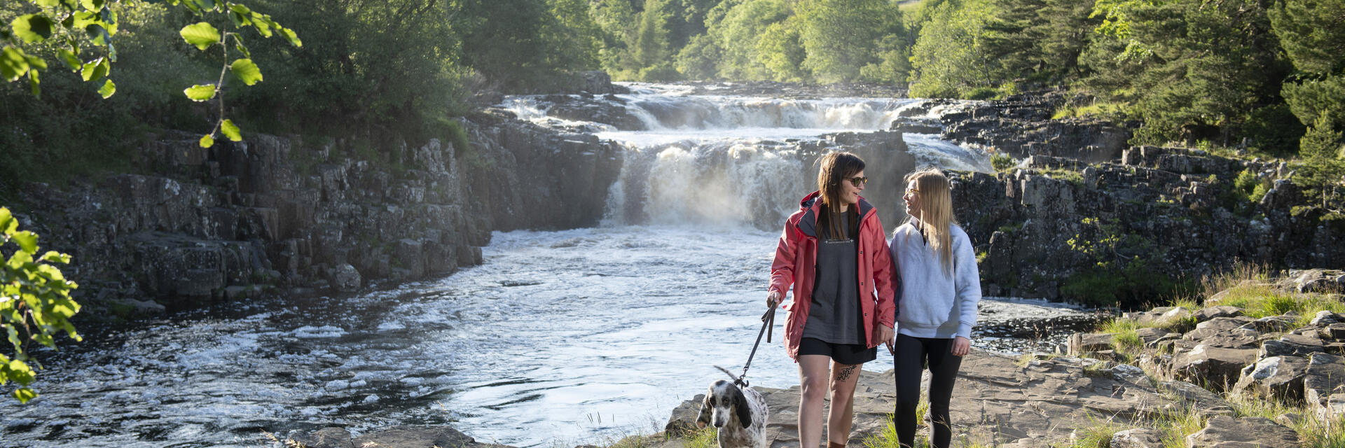 Two women and a dog walk a path beside a waterfall