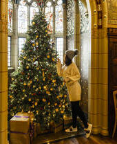 Femme à côté d'un sapin de Noël dans une baie vitrée historique d'une grande salle