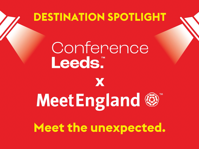 Promotional graphic with spotlights for 'Conference Leeds x MeetEngland' and slogan 'Meet the unexpected.' Red background, event theme.