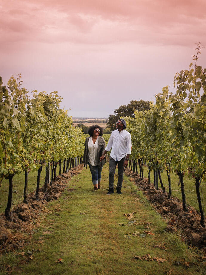 Man and woman walking between rows of vines at a vineyard