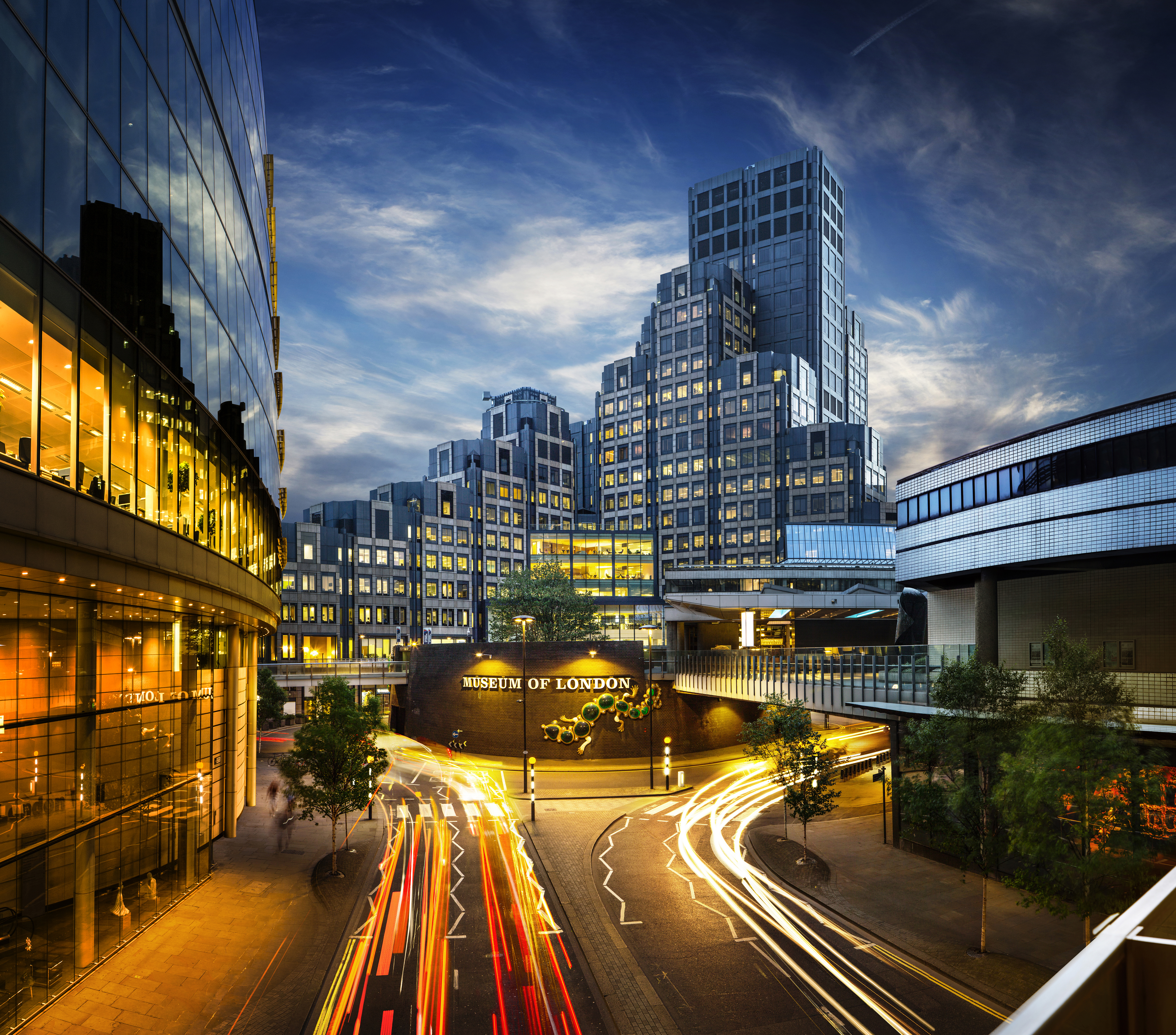 Tall buildings with bright lights in long exposure
