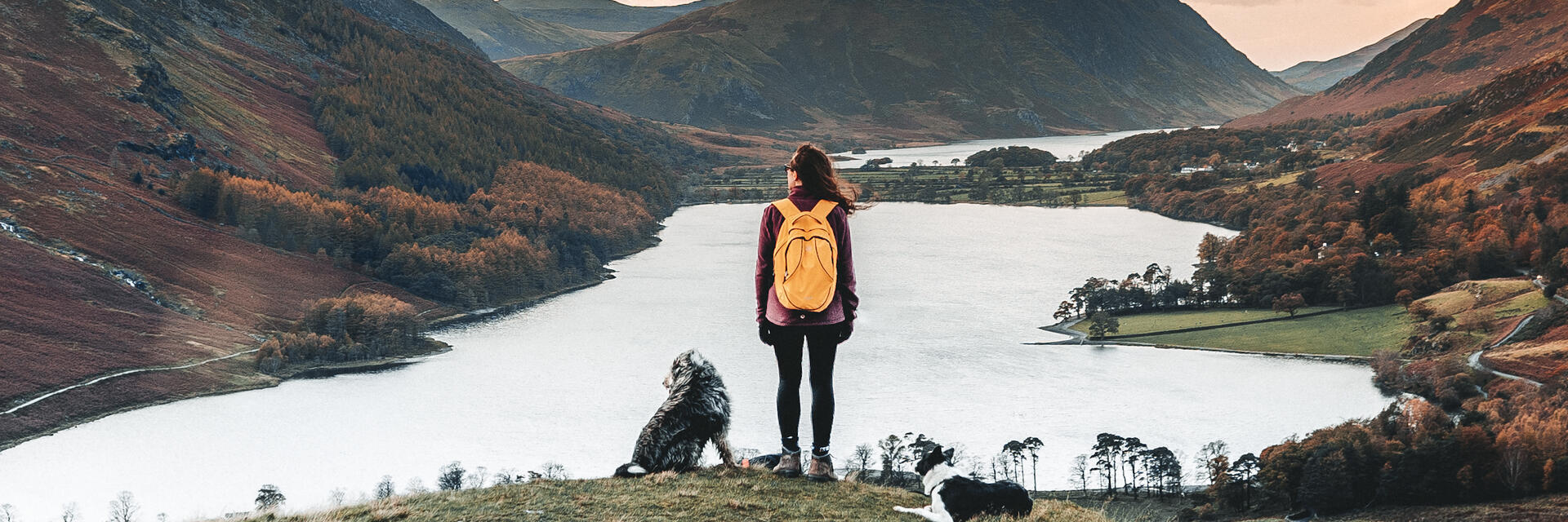 Woman standing with two dogs looking down at a lake in a valley