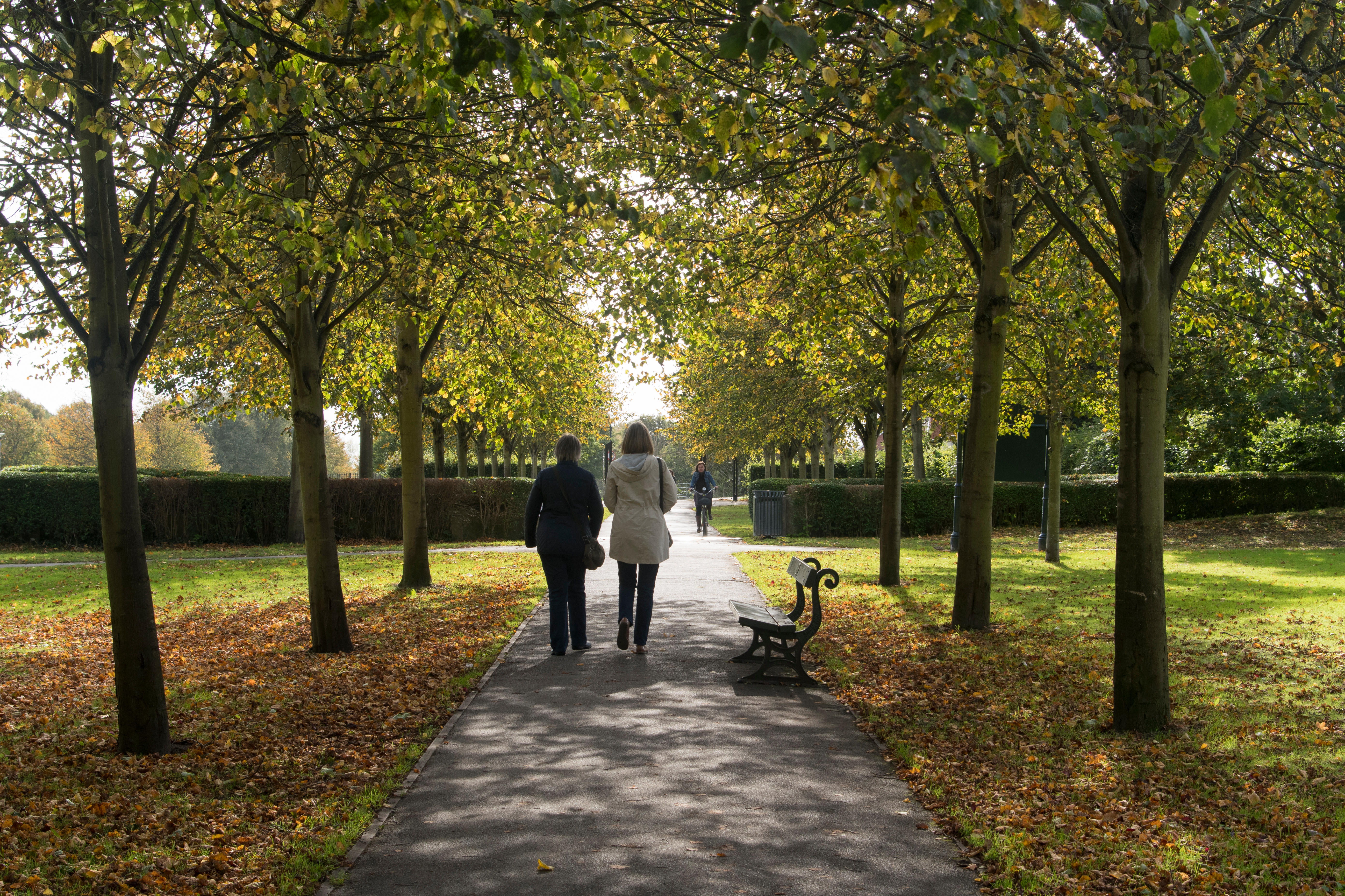 Due signore che camminano lungo un sentiero alberato nel Rowntree Park, a York.