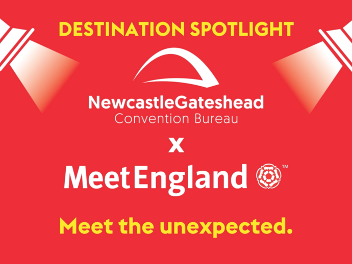 Promotional graphic with spotlights for NewcastleGateshead Convention Bureau and MeetEngland. Slogan: 'Meet the unexpected.'