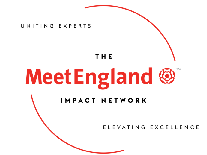 MeetEngland Impact Network logo with red text, circular lines, and phrases about uniting experts and elevating excellence. No buildings or scenery present.