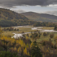 Landscape shot of a countryside view with a mountain backdrop and a stream running through the centre.