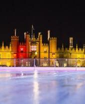 An ice rink set within the grounds of Hampton Court Palace in London.